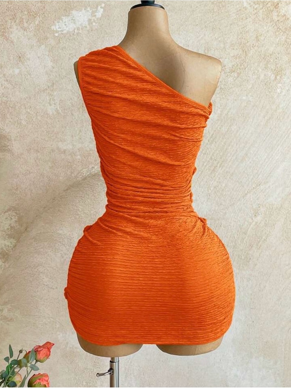 One-Shoulder Orange Ruched Mini Dress - Picture 2 of 2